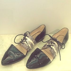 Patent and Snake Print Lace-Up Oxford Flats